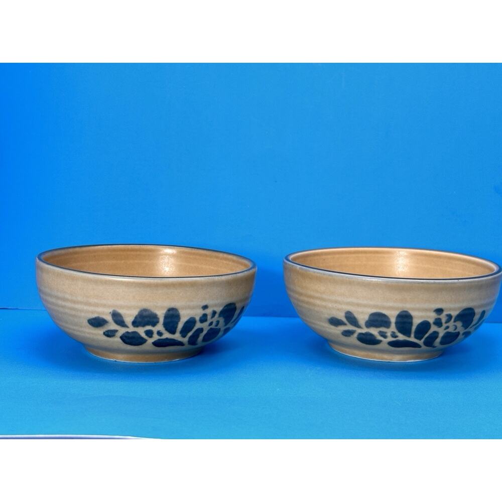 Vintage 2pc Pfaltzgraff Folkart SToneware Bowls 008 800 small Brown Blue Floral - Picture 13 of 16